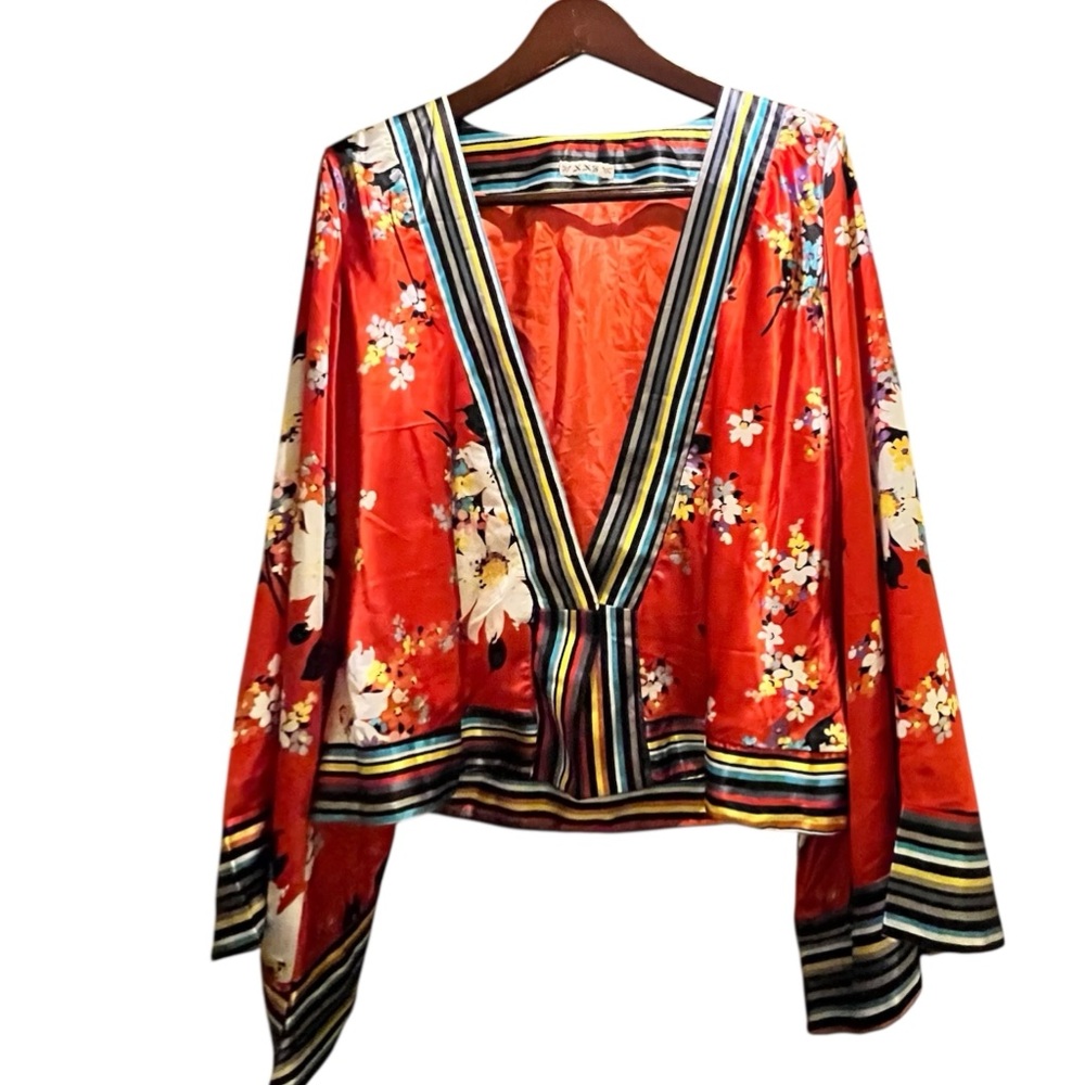 XXI Floral Satin Kimono Blouse Red Multicolor Striped Trim Boho Top Large